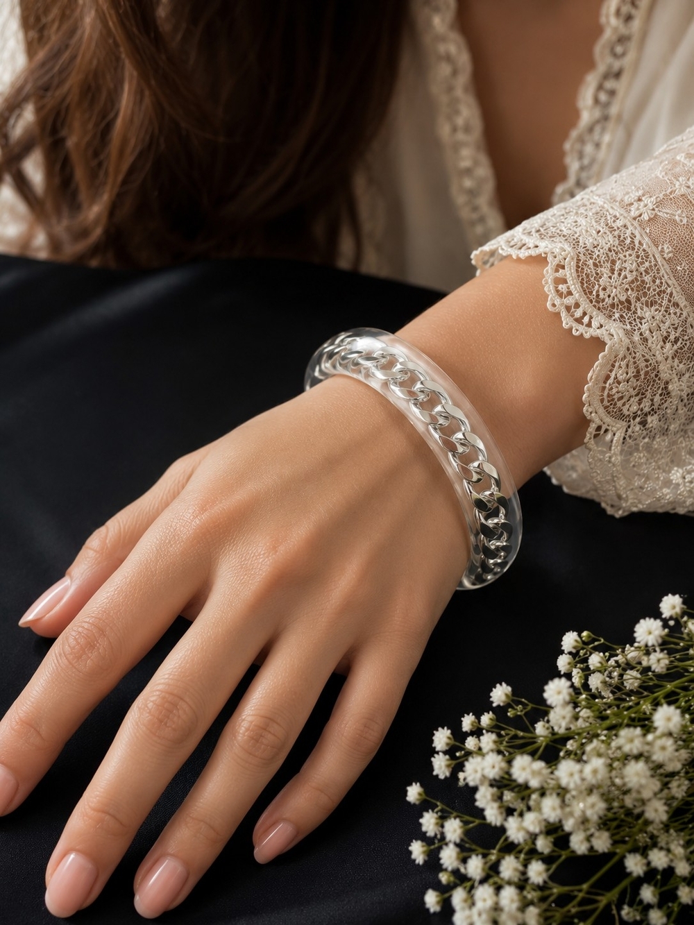 White House Black Market Clear Acrylic Bangle with Silver Chain